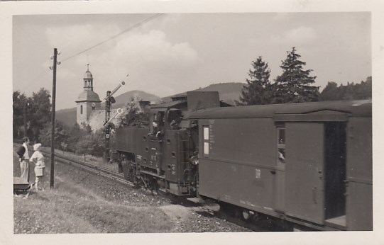 Eisenbahn Dampflokomotive Schmalspurbahn Bimmelbahn in Jonsdorf ca 1950