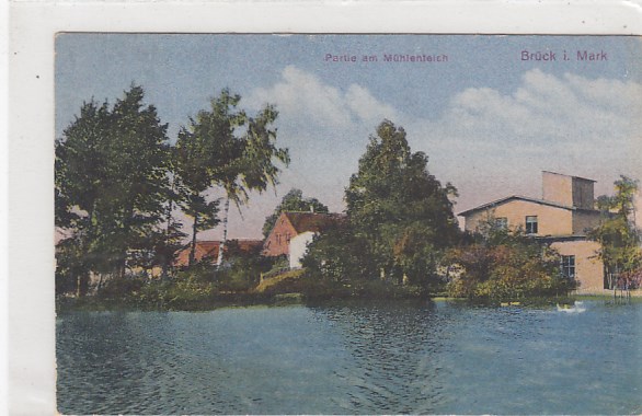 Brück in der Mark Mühlenteich Bahnpoststempel Berlin-Güsten 1930