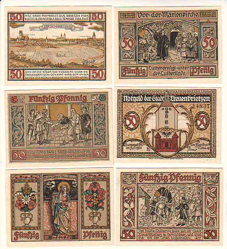 Treuenbrietzen 6 Scheine Notgeld mit Geschichte zur Stadt