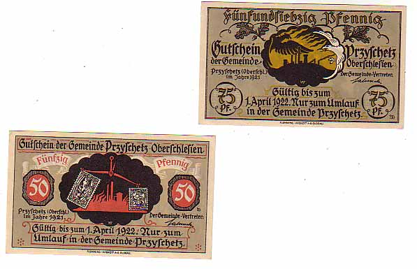 Przyschetz 2 Scheine Notgeld,Bilder der Stadt Przyschetz 2 Scheine Notgeld,Bilder der Stadt