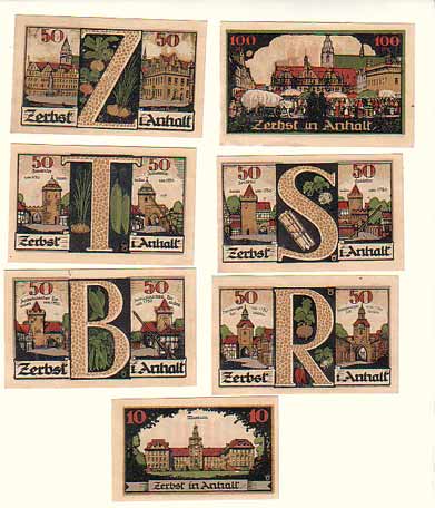 Zerbst Sachsen-Anhalt , 7 Scheine Notgeld mit Bildern der Stadt Zerbst Sachsen-Anhalt , 7 Scheine Notgeld mit Bildern der Stadt