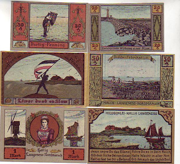 Hilligenley-Hallig Langeneß Langeness-Nordmarsch 6 Scheine Notgeld