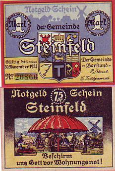 Steinfeld 2 Scheine Notgeld mit Bildern der Stadt