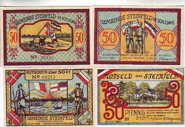Steinfeld 4 Scheine Notgeld mit Bildern der Stadt