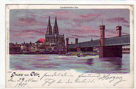 Köln am Rhein Eisenbahnbrücke,Raddampfer, Litho 1901 Köln am Rhein Eisenbahnbrücke,Raddampfer, Litho 1901