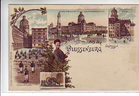 Leipzig Litho von ca 1900 Plessenburg mit Militär Leipzig Litho von ca 1900 Plessenburg mit Militär