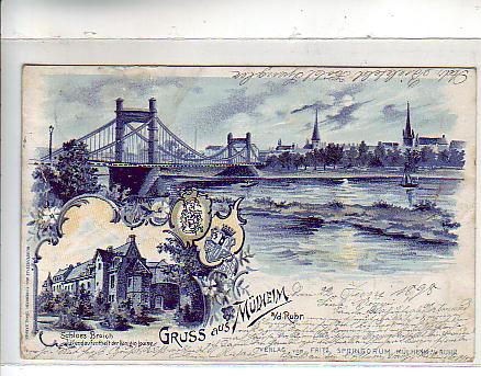 Mülheim an der Ruhr Brücke und Schloss Broich Litho 1898 Mülheim an der Ruhr Brücke und Schloss Broich Litho 1898