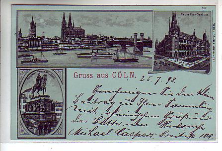 Köln am Rhein Postamt,Raddampfer Litho 1898 Köln am Rhein Postamt,Raddampfer Litho 1898