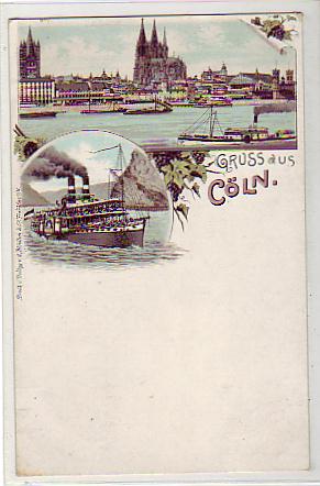 Köln am Rhein Litho mit Raddampfer ca 1900 Köln am Rhein Litho mit Raddampfer ca 1900