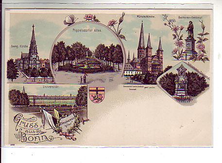 Bonn am Rhein Poppelsdorfer Allee,Kirche,Beethoven-Denkmal Litho Bonn am Rhein Poppelsdorfer Allee,Kirche,Beethoven-Denkmal Litho