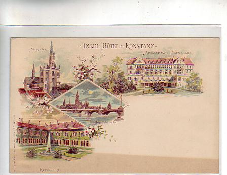 Konstanz am Bodensee Insel Hotel,Rheinbrücke Litho ca 1900 Konstanz am Bodensee Insel Hotel,Rheinbrücke Litho ca 1900