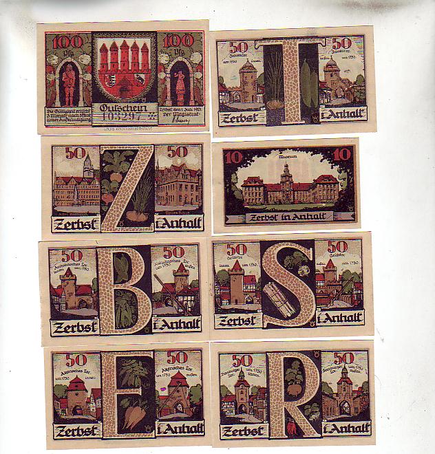 Zerbst in Sachsen-Anhalt 8 Scheine Notgeld Zerbst in Sachsen-Anhalt 8 Scheine Notgeld