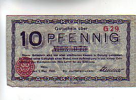 Köln am Rhein Notgeld Gutschein 1920 Köln am Rhein Notgeld Gutschein 1920