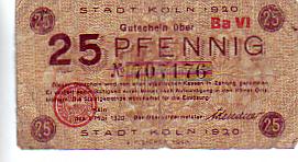 Köln am Rhein Notgeld Gutschein 1920 Köln am Rhein Notgeld Gutschein 1920
