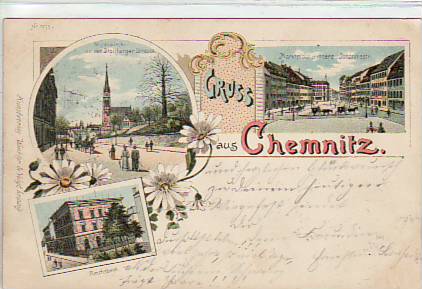 Chemnitz Litho mit Kirche,Reichsbank und Markt 1901 Chemnitz Litho mit Kirche,Reichsbank und Markt 1901