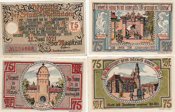 Meiningen Thüringen 4 Scheine Notgeld mit Bildern der Stadt