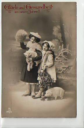 Glückwunsch Neujahr Schweine und Kinder 1913 Glückwunsch Neujahr Schweine und Kinder 1913