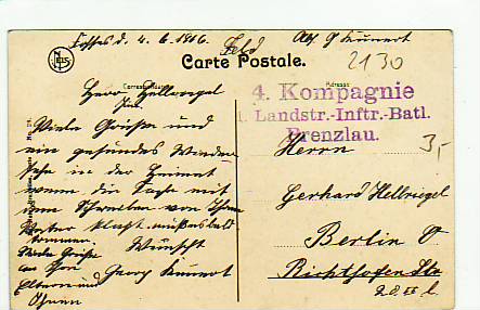 Prenzlau Feldpost 4.Kompagnie 1916