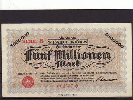 Köln am Rhein Notgeld 5 Millionen Mark Köln am Rhein Notgeld 5 Millionen Mark