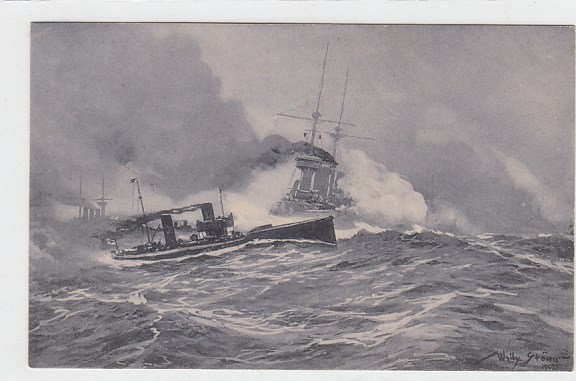 Marine 1.WK Kriegsschiffe Künstlerkarte Willy Stöwer 1916 Torpedoboote in der Nordsee