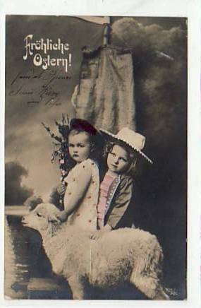 Glückwunsch Frohe Ostern Kinder und Lam Foto Karte 1908