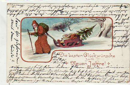Glückwunsch Neujahr Weihnachtsmann brauner Mantel 1904 Glückwunsch Neujahr Weihnachtsmann brauner Mantel 1904