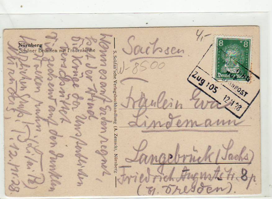 Bahnpoststempel auf Ansichtskarte Nürnberg 1928