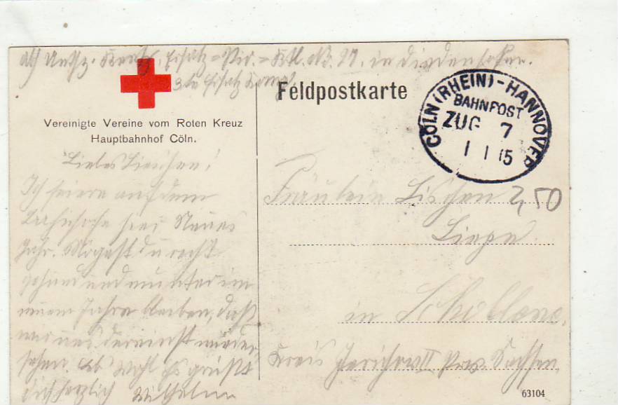 Bahnpoststempel Köln-Hannover auf Ansichtskarte Köln Feldpost 1915