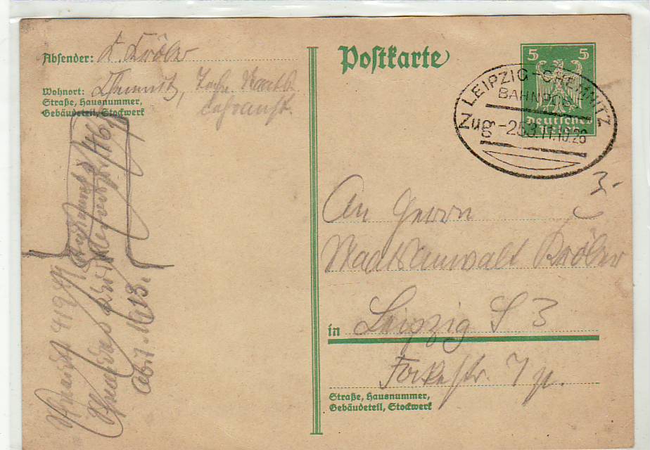 Bahnpoststempel Leipzig-Chemnitz auf Ganzsache 1926