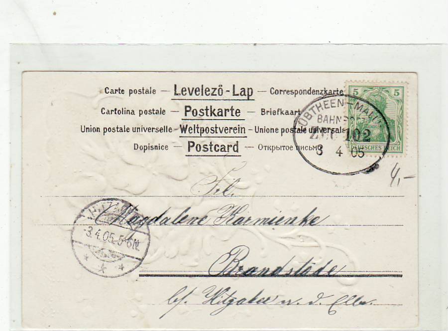 Bahnpoststempel Lübtheen-Malliss 1905 auf Ansichtskarte Blumen Prägekarte