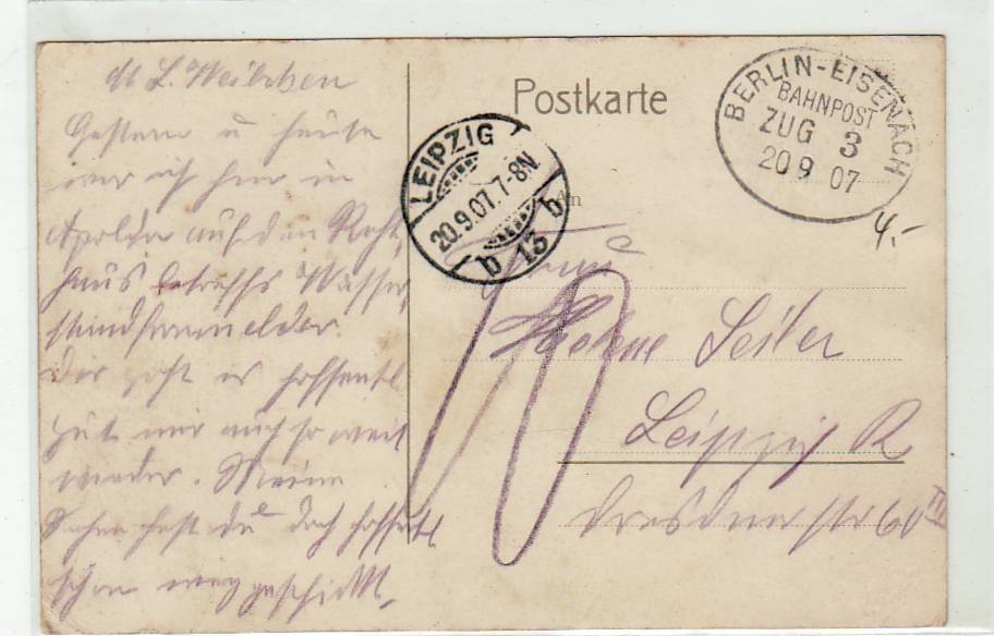 Bahnpoststempel Berlin-Eisenach Feldpost auf Ansichtskarte Apolda 1907