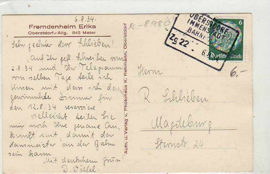 Bahnpoststempel Oberstdorf-Immenstadt auf Ansichtskarte Oberstdorf 1934