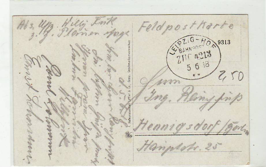 Bahnpoststempel Leipzig-Hof auf Ansichtskarte Triebtal 1918