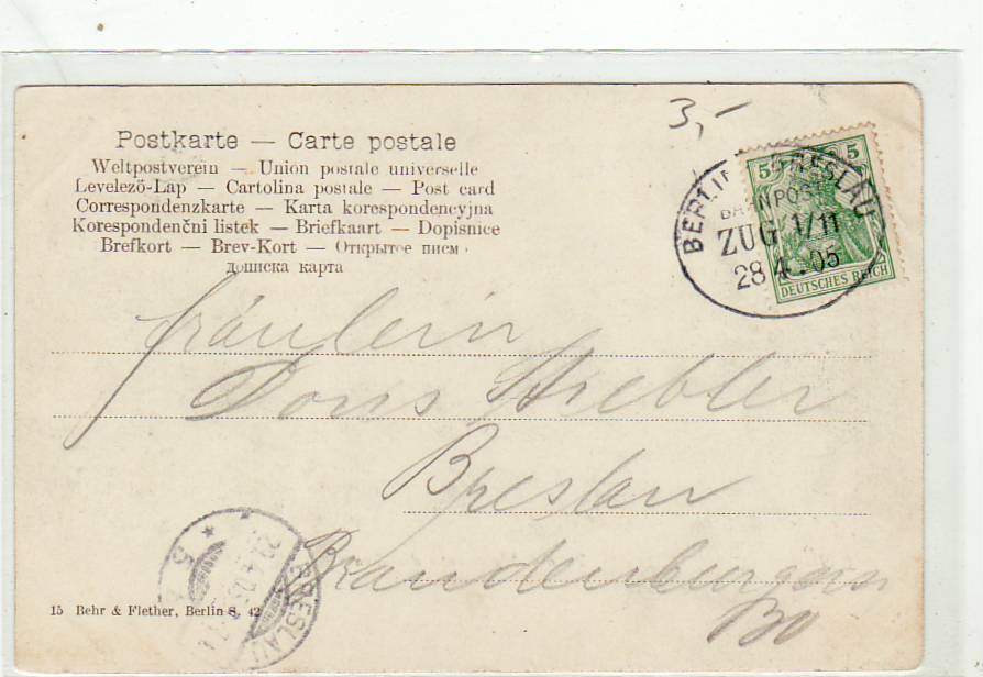 Bahnpoststempel Berlin-Breslau auf Ansichtskarte Berlin-Mitte 1905