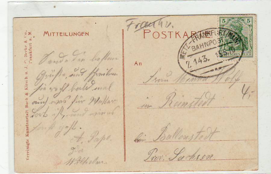 Bahnpoststempel Metz-Frankfurt am Main auf Ansichtskarte Metz Frankreich 1910