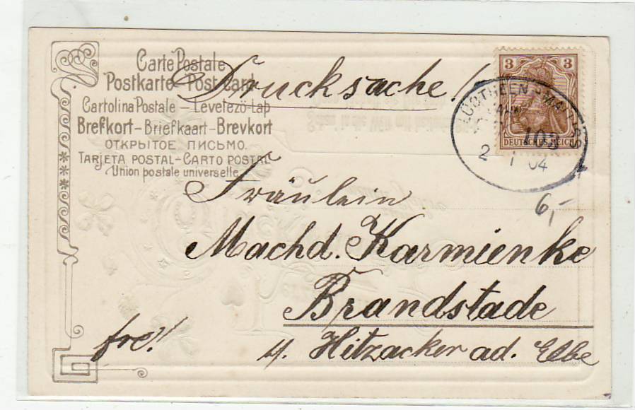 Bahnpoststempel Lübtheen-Malliss  auf Ansichtskarte Glückwunsch Neujahr 1904