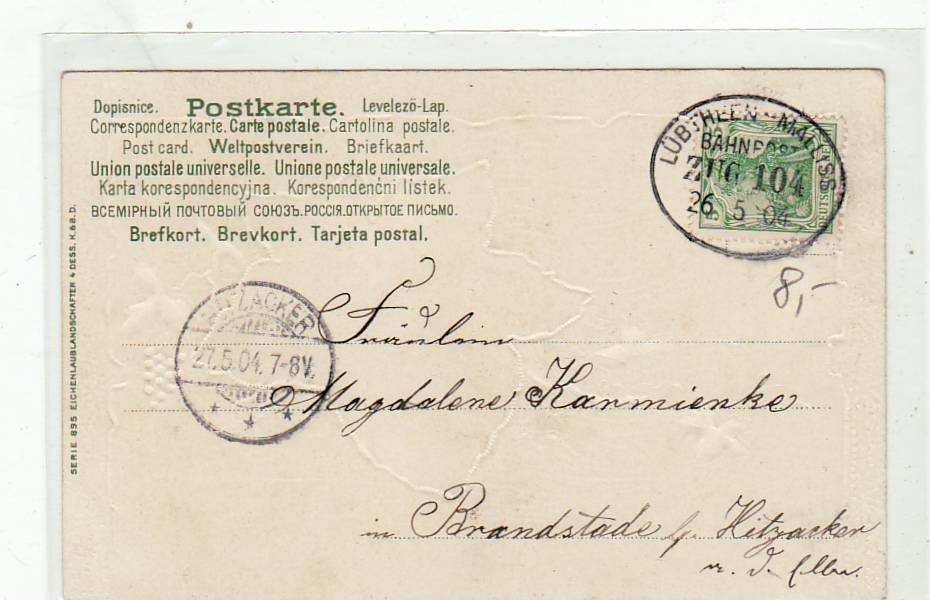 Bahnpoststempel Lübtheen-Malliss 1905 auf Ansichtskarte Blumen Prägekarte