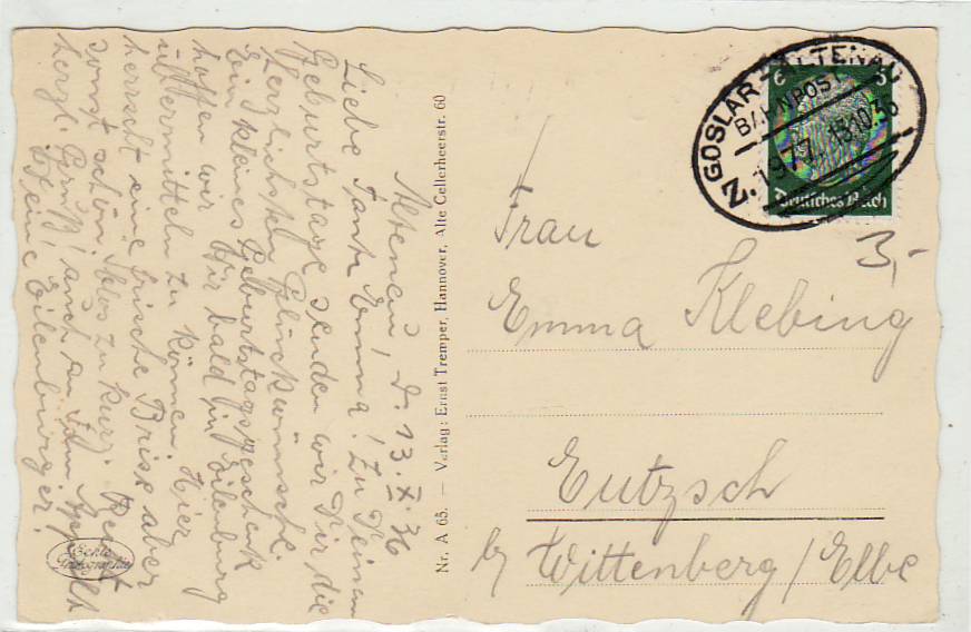 Bahnpoststempel Goslar-Altenau auf Ansichtskarte Altenau Harz 1936