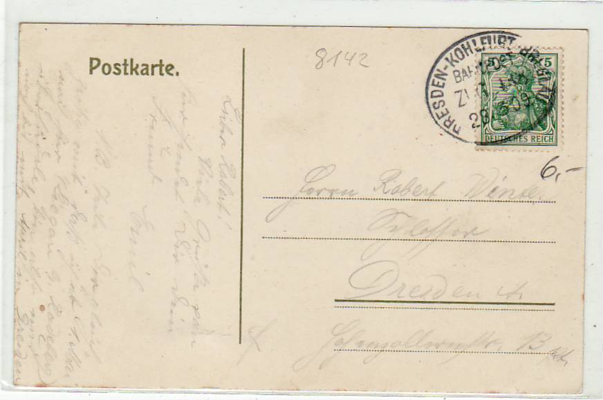 Bahnpoststempel Dresden-Kohlfurt-Breslau auf Ansichtskarte Radeberg 1909