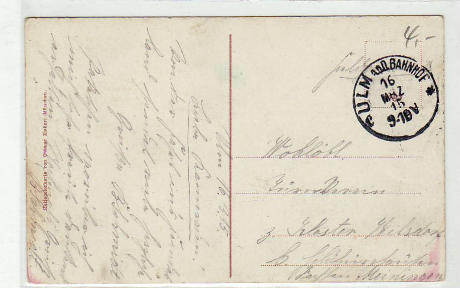 Bahnpoststempel Ulm an der Donau Feldpost auf Ansichtskarte 1915