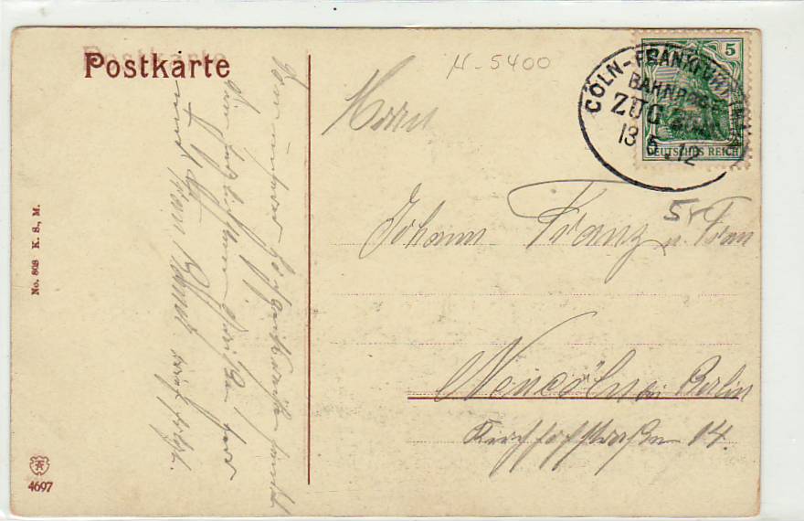 Bahnpoststempel Köln-Frankfurt am Main auf Ansichtskarte Capellen Burg Stolzenfels 1912