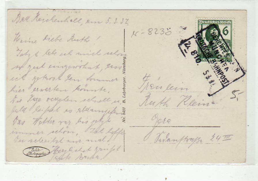 Bahnpoststempel Berchtesgaden-München  auf Ansichtskarte Bad Reichenhall 1937