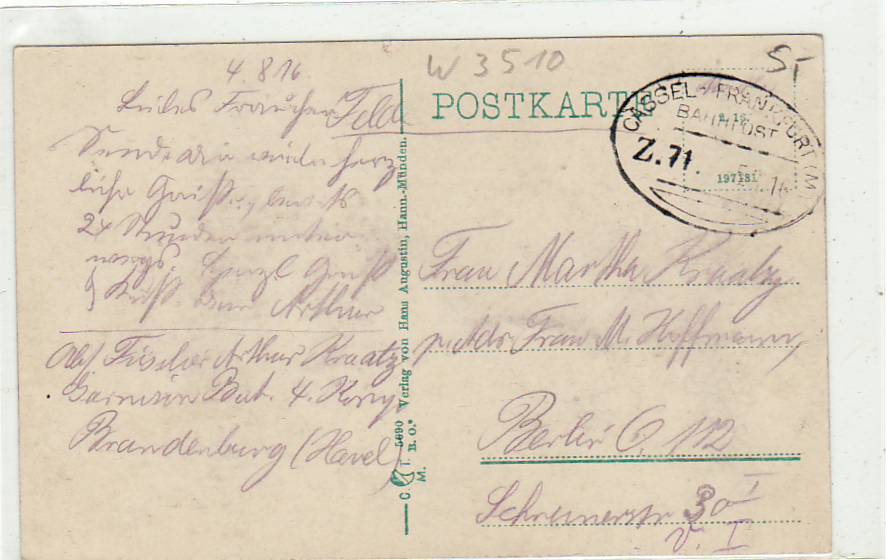 Bahnpoststempel Kassel-Frankfurt am Main auf Ansichtskarte Hann.-Münden Fulda 1916