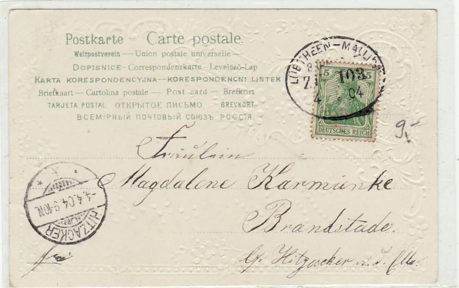 Bahnpoststempel Lübtheen-Malliss 1904 auf Ansichtskarte Blumen Prägekarte