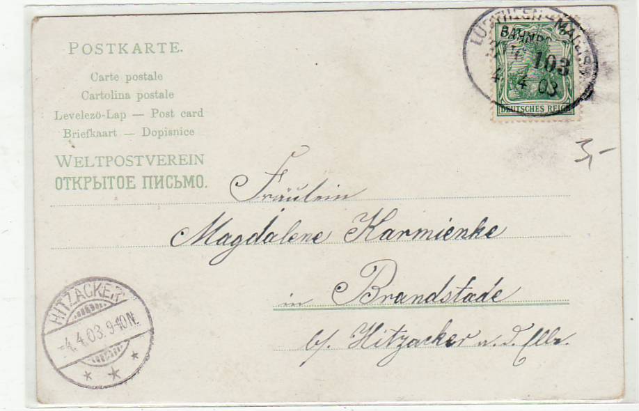 Bahnpoststempel Lübtheen-Malliss 1903 auf Ansichtskarte Blumen