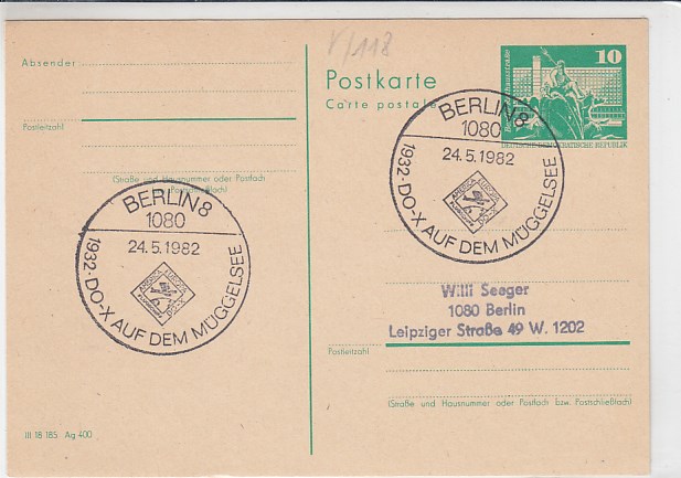 Berlin Müggelheim Müggelsee Postkarte mit Sonderstempel DO-X auf dem Müggelsee 1982