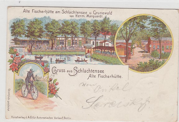 Berlin Steglitz Schlachtensee und Grunewald Fischerhütte Litho Ansichtskarte von 1897