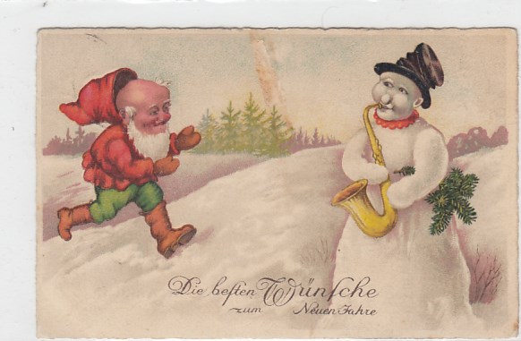 Glückwunsch Neujahr Schneemann und Zwerg ca 1930 Glückwunsch Neujahr Schneemann und Zwerg ca 1930