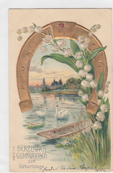 Glückwunsch zum Geburtstag Prägekarte Maiglökchen 1906 Glückwunsch zum Geburtstag Prägekarte Maiglökchen 1906