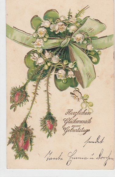 Glückwunsch zum Geburtstag Prägekarte Maiglökchen 1908 Glückwunsch zum Geburtstag Prägekarte Maiglökchen 1908